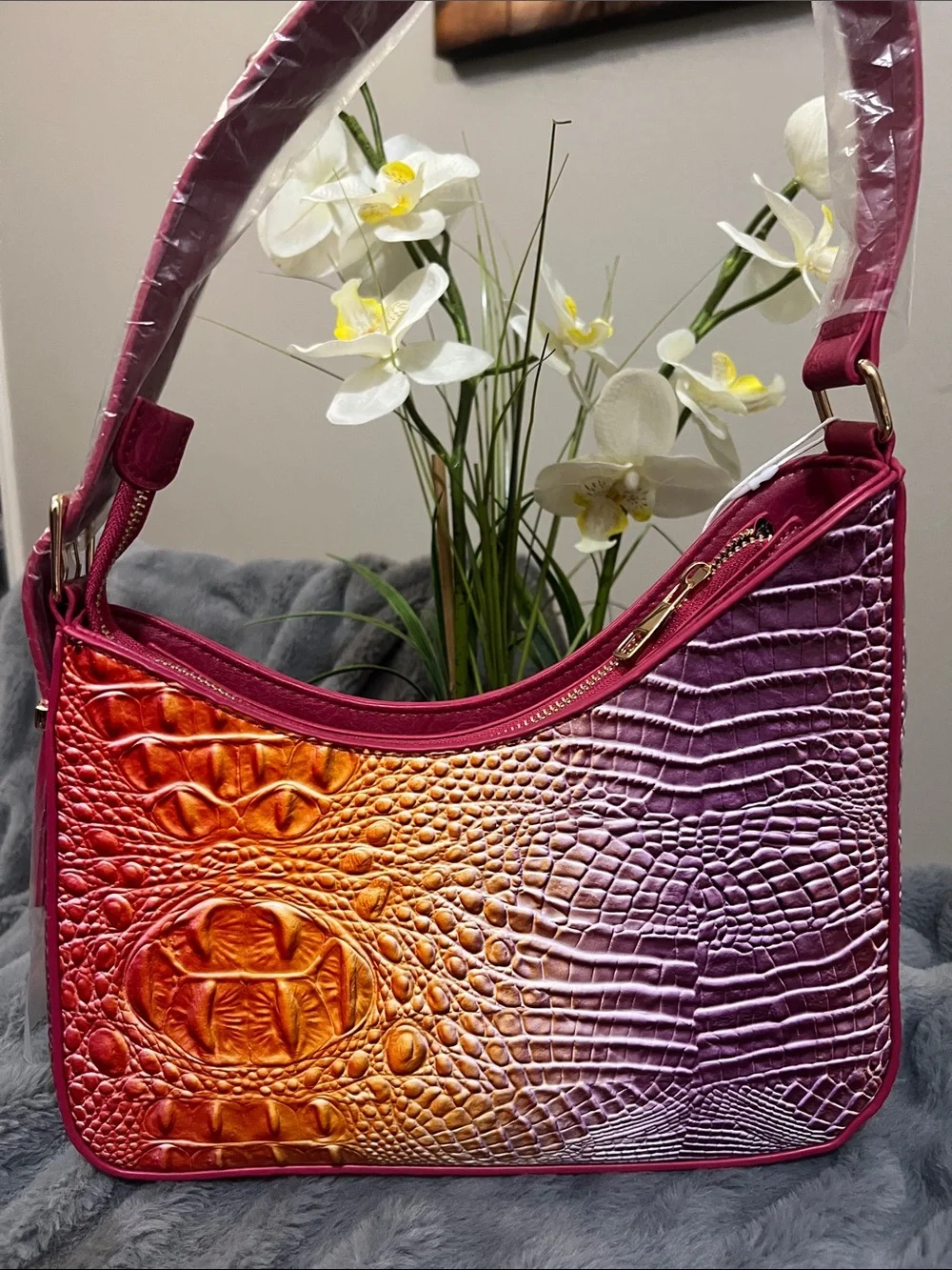Gradient Croc-Embossed Shoulder Bag in Pink, Orange and Purple NWT